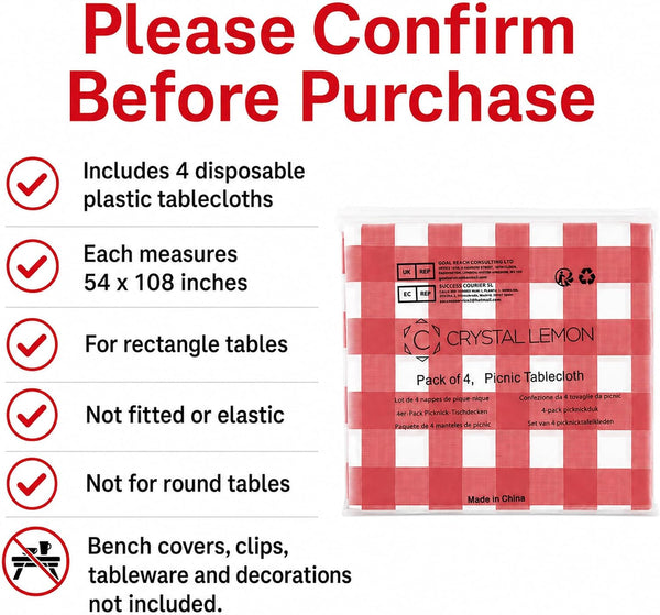 Red Gingham Disposable Picnic Tablecloths 4 Pack, Plastic Table Covers 4 Red