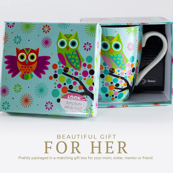 Divinity Boutique Owl Mug - Inspirational Ceramic Coffee Mug with Scripture for Women, Mom, Friends, Owl Lovers that is Colorful and Dishwasher