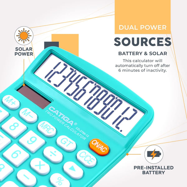 CATIGA Desktop Calculator 12 Digit with Large LCD Display and Sensitive Button, Solar and Battery Dual Power, Standard Function for Office, Home,