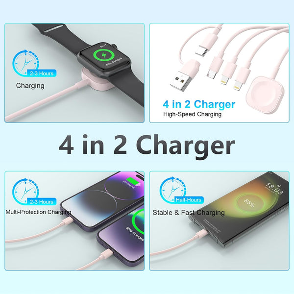 4 in 2 Travel Multi Charging Cable for Apple Watch Charger (6FT/1.8M), Universal Chargers for All Devices Travel Essentials Compatible with Apple
