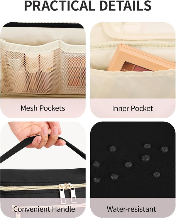 Wandering Nature Large Makeup Bag, Travel Make up Organizer Cosmetic Brush Bags Case for Women in Fabric,Black,Patent Pending