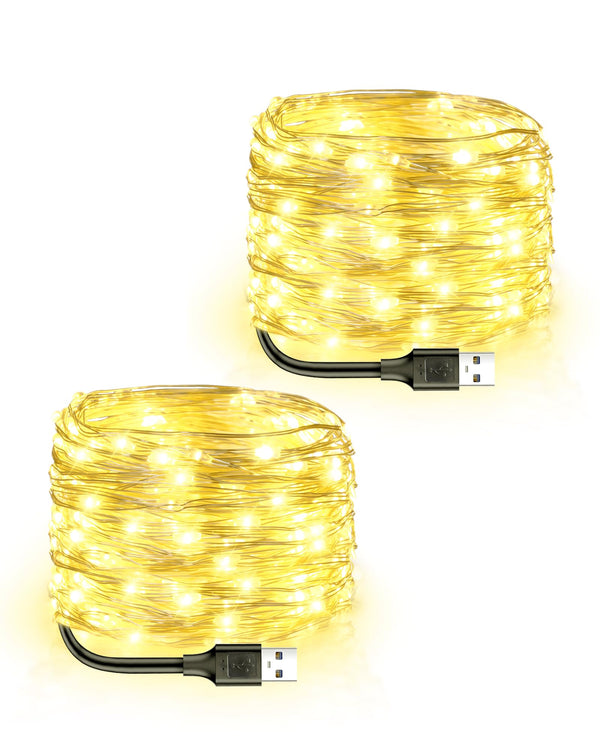 Blingstar USB Powered Fairy Lights, 2 Pack 33Ft 100 LED, Flexible Silver Wire, Mini String Lights for Christmas Tree/Bedroom/Camping/Holiday