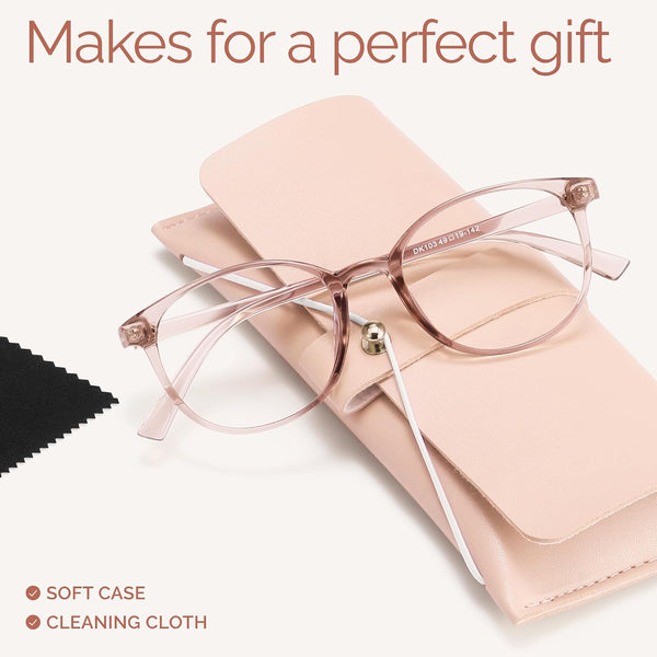 miyya Blue Light Blocking Glasses Women, Fashion Round Transparent Anti Blue Light Glasses with Anti Eyestrain & UV Glare *Flesh Pink Clear