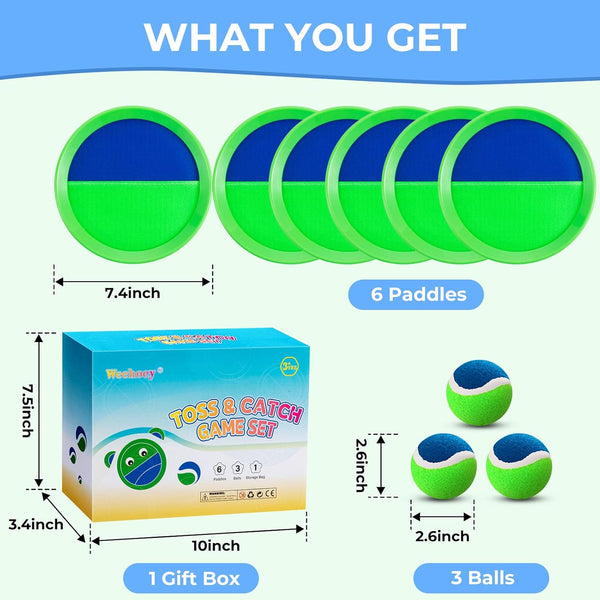Beach Toys - Outdoor Games for Kids, Toss and Catch Ball Set with 6 Paddles 3 Balls, Gifts for 3 4 5 6 7 8+ Year Old Boys Girls Christmas