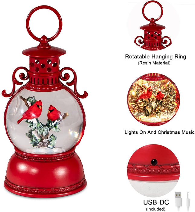 Christmas Snow Globes, Cardinal Christmas Water Globes with 8 Songs, 6H Timer Battery & USB Powered Glitter Snow Globe M