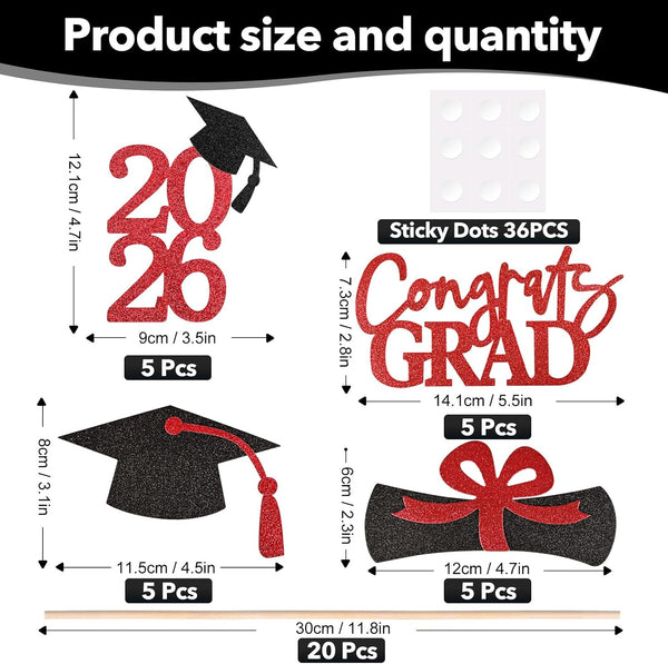 20 PCS Graduation Decorations Class of 2025, Black and Red Double-Sided Centerpieces, Grad Cap Sticks, Table Toppers, Graduation Party Decorations