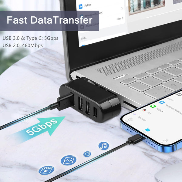 VIENON 4-Port USB 3.0 Hub [90ÃÂ°/180ÃÂ° Degree Rotatable], USB Splitter with 3 USB-A Ports & 1 USB C Power/Data Port, USB Extender for Laptop, Car,