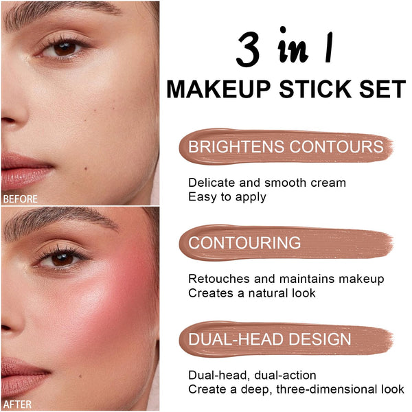 6 Colors Cream Contour Stick Makeup Kit,Shades with Highlighter,Blush,Bronzer Contour Stick for Sculpt the Cheeks,Long Lasting,Waterproof,Matte &