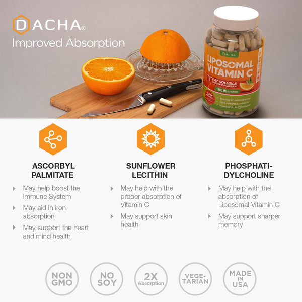 DACHA Natural Liposomal Vitamin C - 1700Mg, 200 Capsules, Immune System & Collagen Booster, High Absorption Fat Soluble VIT C, Buffered, Skin