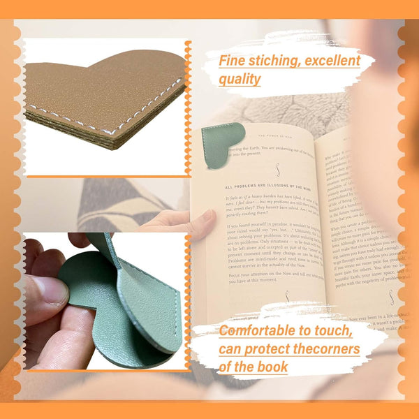 Leather Heart Bookmarks - Winjeto 6 Pieces Cute Corner Page Book Marks for Teachers Students Book Reading Lovers, for School Office Home Supplies