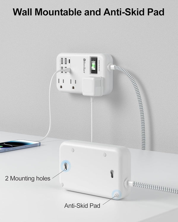 6 USB Travel Power Strip,4 Outlets,5Ft Extension Cord,Surge Protector,13A | 2 USB C,6 USB Charging Station,5Ft Braided Extension Cord,Surge