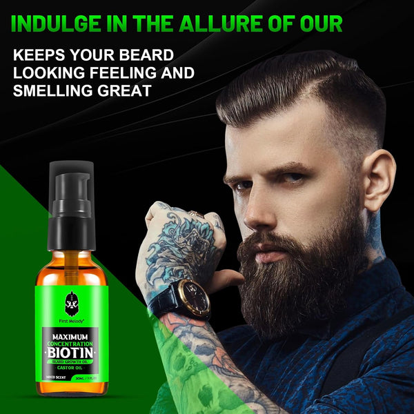 First Melody Beard Oil,Maximun Thickening Biotin, with Castor Oil and Argan & Jojoba Oils, Promotes Beard Growth, Styles, Strengthens & Softens