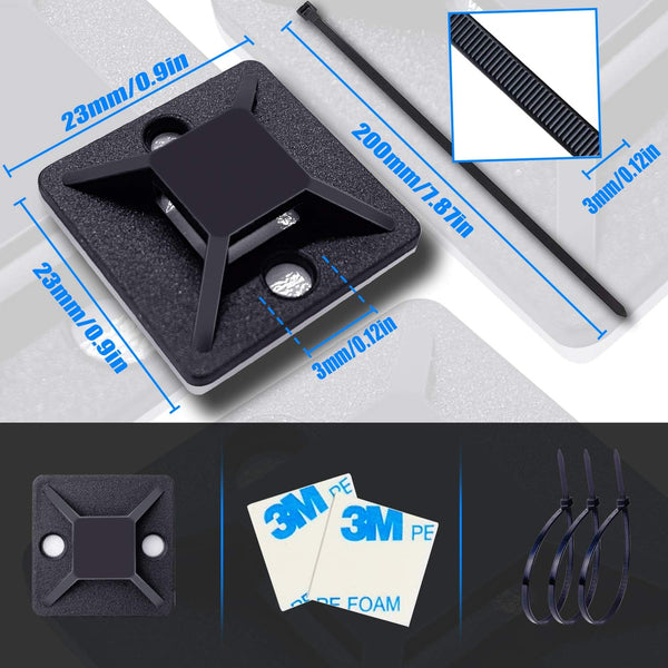 HUASAI 4/5" 100 Pack Zip Tie Mount With Cable Ties,Self Adhesive-backed Mounts for Wire Holder, Black Cable Management Clips Wall Anchors 4/5 inch