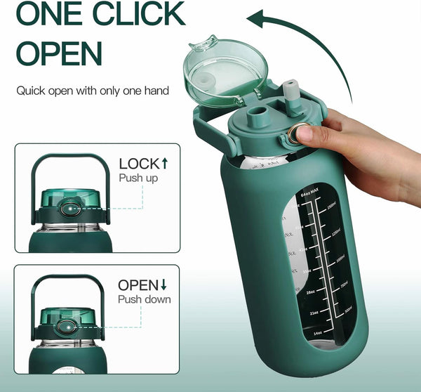 chunmo 64oz Glass Water Bolttles with Straw Half Gallon Large Motivational Water Bottle with Time Marker Sports Water Bottles with Silicone Sleeve