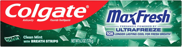 Colgate Max Fresh with Whitening Toothpaste with Mini Breath Strips, Clean Mint Toothpaste for Bad Breath, 6.3 Oz Tube