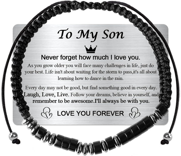 To My Son Bracelet from Mom,College Graduation Gifts for Son 2025,Morse Code Bracelets with Engraved Wallet Card,Adjustable Handmade Teens Boys