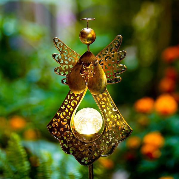 Starryfill Angel Stake Solar Lights with Crackle Glass Globe Waterproof Warm White LED, 40.5 inches Height Metal Bronze Stake Garden Patio Art