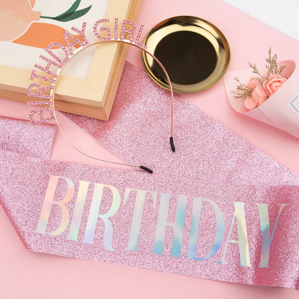 PQRUU Glitter Birthday Sash, Tiara and Rhinestone Headband Set - Pink Birthday Accessories for Her Pink Glitter