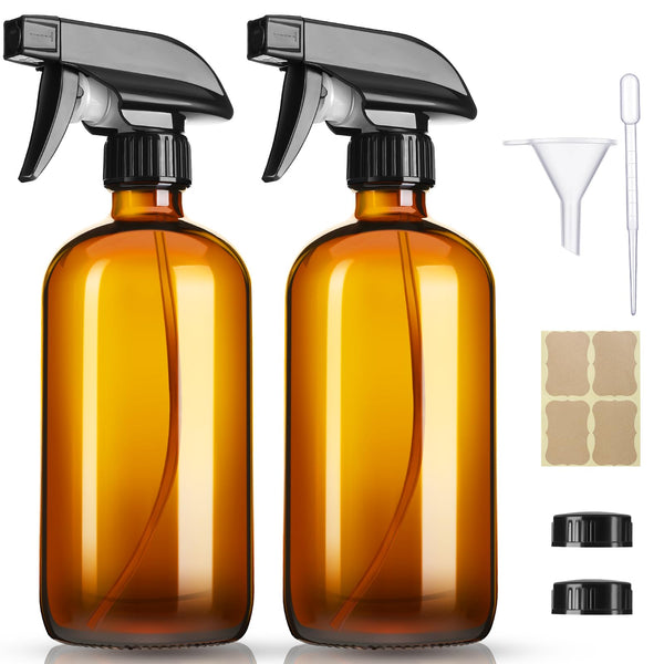 GIVAMEIHF 16oz Amber Glass Spray Bottles,2 Pack Glass Spray Bottles Refillable Empty Bottle with Adjustable Nozzle,Spray Bottle for Essential