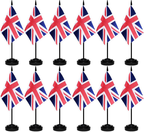 12 Pcs United Kingdom Desk Flags Set, British Small Mini Table Office Mini Desktop Flag With Black Flagpole and Black Base For Home Office