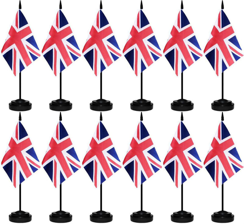 12 Pcs United Kingdom Desk Flags Set, British Small Mini Table Office Mini Desktop Flag With Black Flagpole and Black Base For Home Office