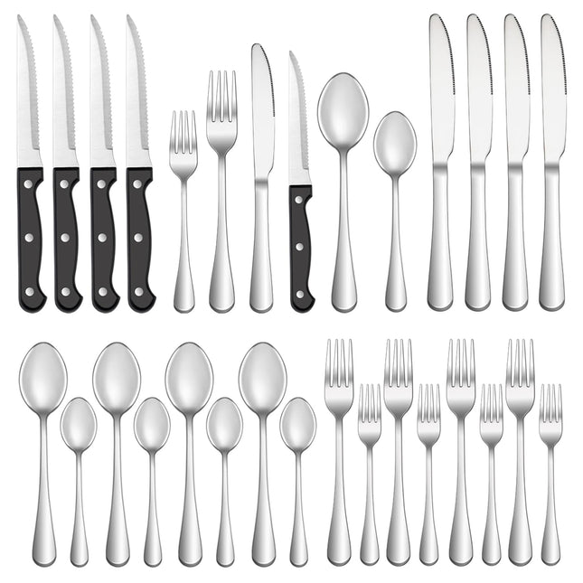 24 Pcs Silverware Set with Steak Knives Service for 4,Stainless Steel Flatware Set,Mirror Polished Cutlery Utensil Set,H