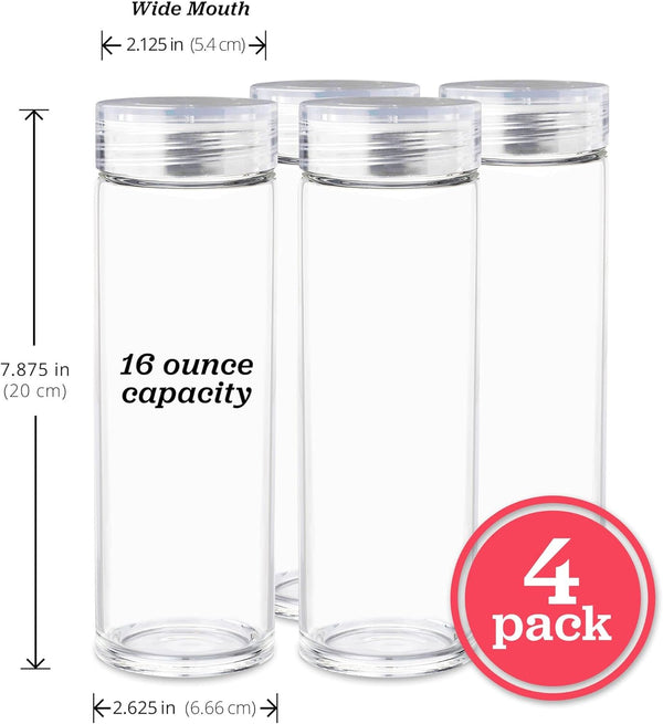Glass Water Bottles - 4 Pack Wide Mouth Juice Bottles with Clear Lids for Juicing, Smoothies, Fruit Water, Teas, Beverage Storage - 16Oz,