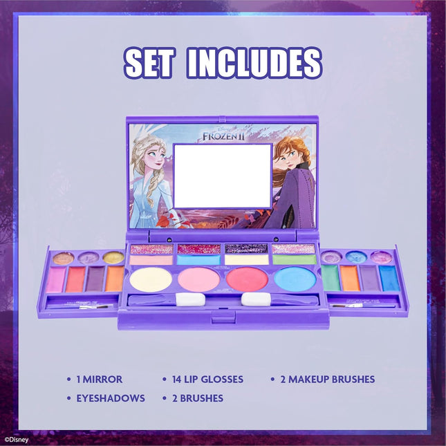 Disney Frozen All-in-One Kids Cosmetic Compact Set Includes Washable Lip Gloss, Eye Shimmer, Cheek Shimmer, Brushes Colo