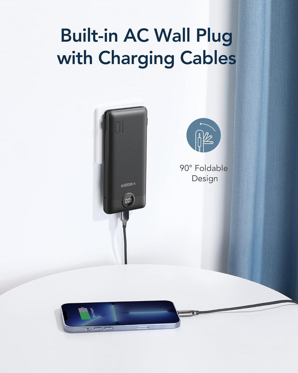 VEGER Portable Charger for Iphone Built in Cables and Wall Plug, 10000Mah Slim Fast Charging USB C Power Bank, Travel Essential Battery Pack