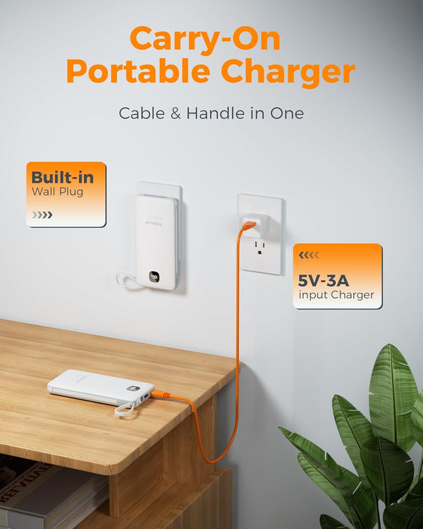 TESSAN Portable Charger with Built in Cables, 10000Mah Power Bank Fast Charging with Foldable Wall Plug Charger, 20W Compact Battery Pack Travel