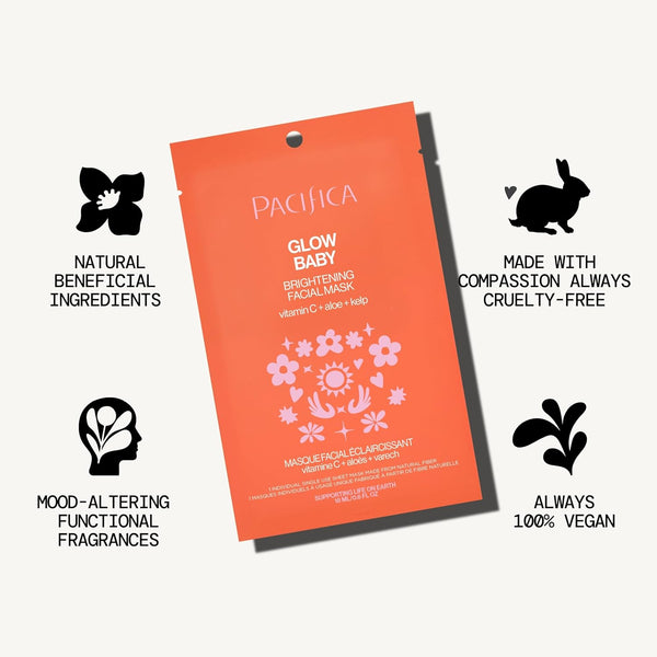Pacifica Sheet Face Mask - Glow Baby Brightening Facial Mask W/Vitamin C, Aloe & Kelp Ã¢ÂÂ Cooling Mask for Dark Spots & Fine Lines - Clean Beauty