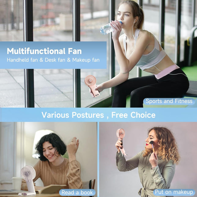 QQT Mini Handheld Fan,4 Speed Adjustable Portable Battery Operated Fans,Usb Rechargeable Desk Fan with Mirror,Max 20 Hrs
