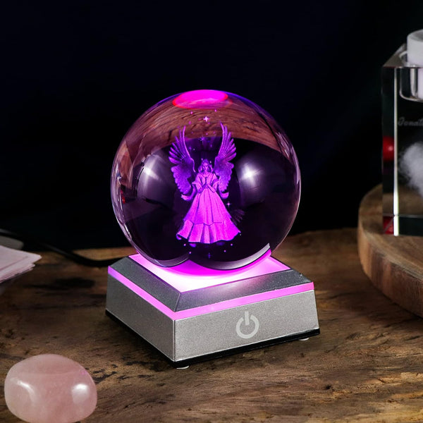 Ornalrist 3D Guardian Angel Figurines K9 Crystal Ball with Silver LED Base Memorial Angel Gifts for Friends Women Glass Decor for Home (3.15 in.)