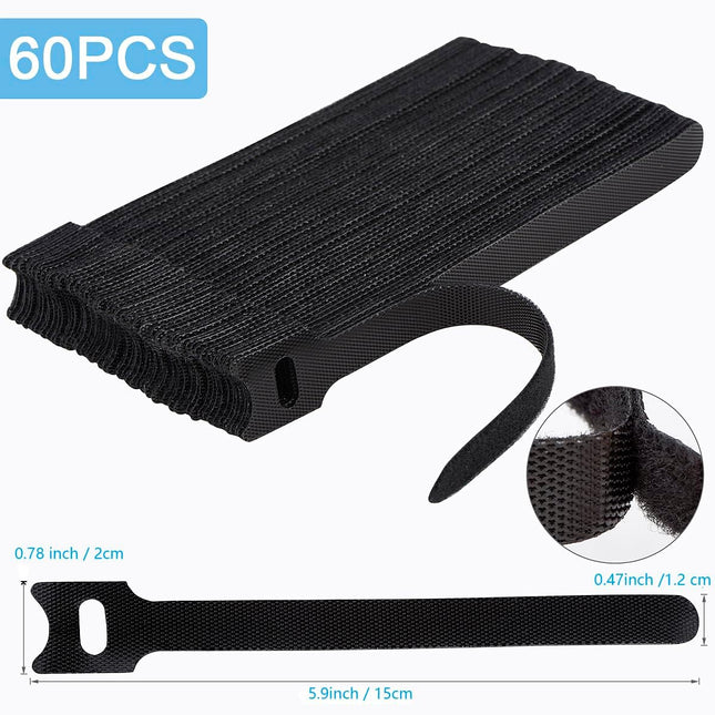 60 PCS 6 Inches Reusable Cable Ties, Adjustable Cord Straps, Cable Organizer, Cord Wrap and Hook Loop Cords Management -