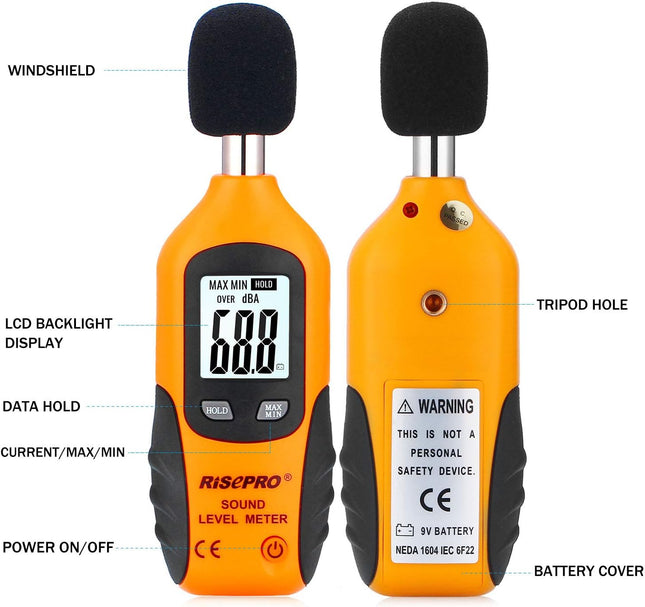 Decibel Meter, RISEPRO® Digital Sound Level Meter 30 – 130 dB Audio Noise Measure Device Backlight MAX/MIN, Data Hold Au