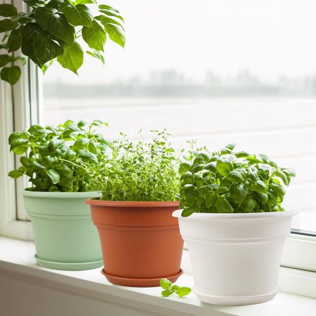 8 Inch Plastic-Flower Pot-For-Indoor Plants, 4 Pack Large Outdoor Planter Pot with Drainage Holes & Saucers, Resin Decor