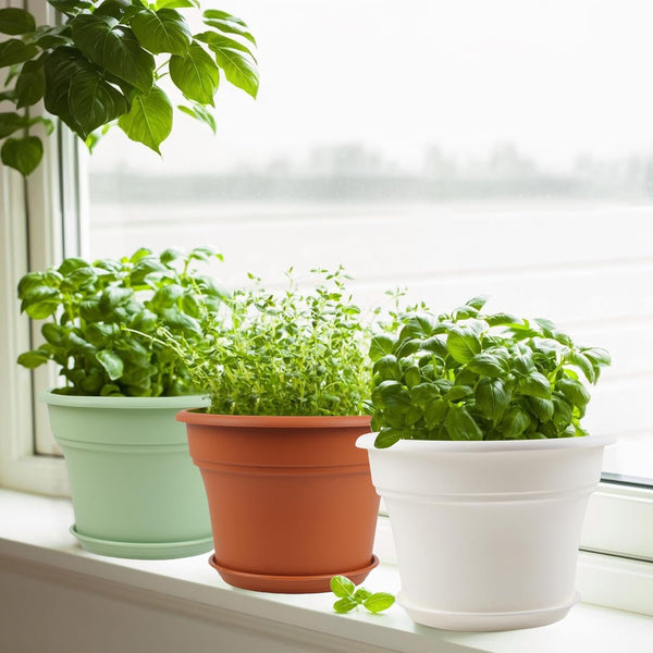 Pottiffe 10 Inch Plastic-Flower-Pot-for-Indoor-Plants, 4 Pack Large Outdoor Planter Pot with Drainage Holes & Saucers, Resin Decorative Garden