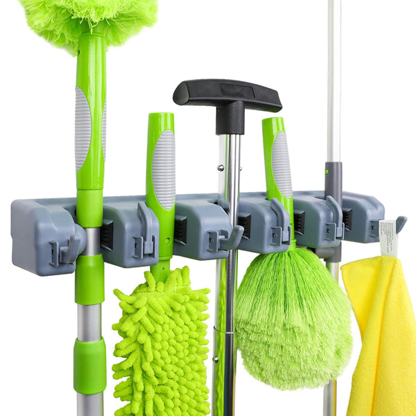 Amazon Basics Rectangular Heavy Duty Wall Mount Broom and Mop Holder, Sturdy Tool Organizer with Hooks and Slots for Garage, Garden, Laundry,