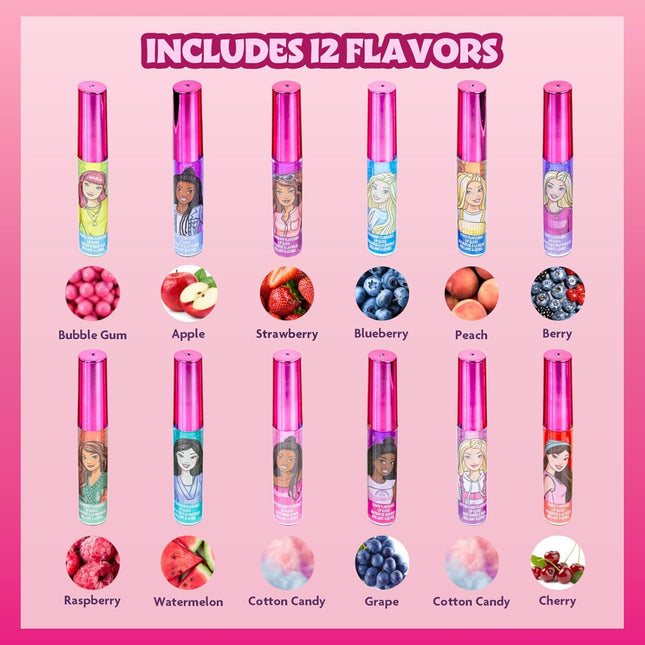 Barbie 12 Piece Plant Based Lip Gloss, Girls Party Favors, First Makeup Set for 