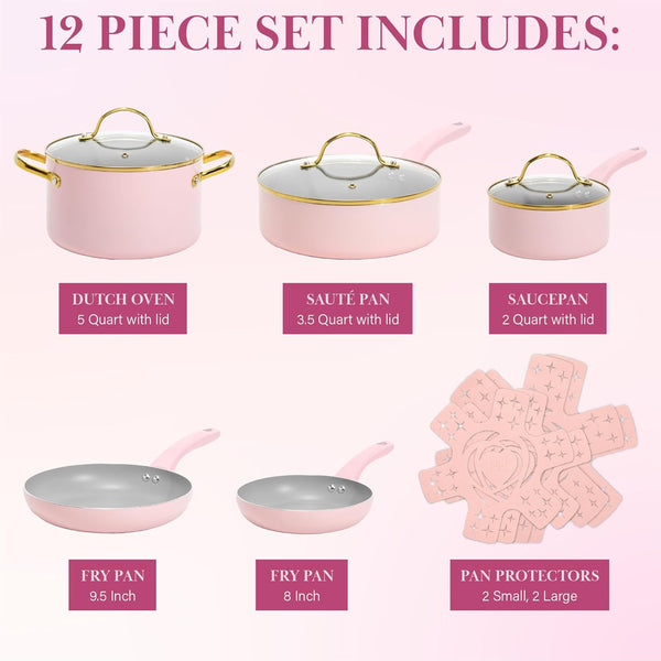 Paris Hilton Epic Nonstick Pots and Pans Set, Multi-layer Nonstick Coating, Tempered Glass Lids, Soft Touch, Stay Cool Handles, Made without PFOA,