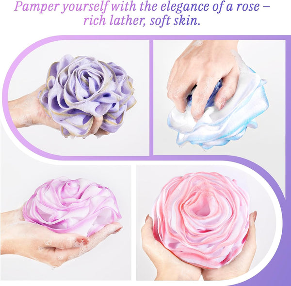 LAYUKI Bath Loofah, Shower Sponge, Body Scrubber, Rose-Shaped, Elegant (Set of 4 Pieces) 4 Pieces Pink & Blue & Purple & Grey