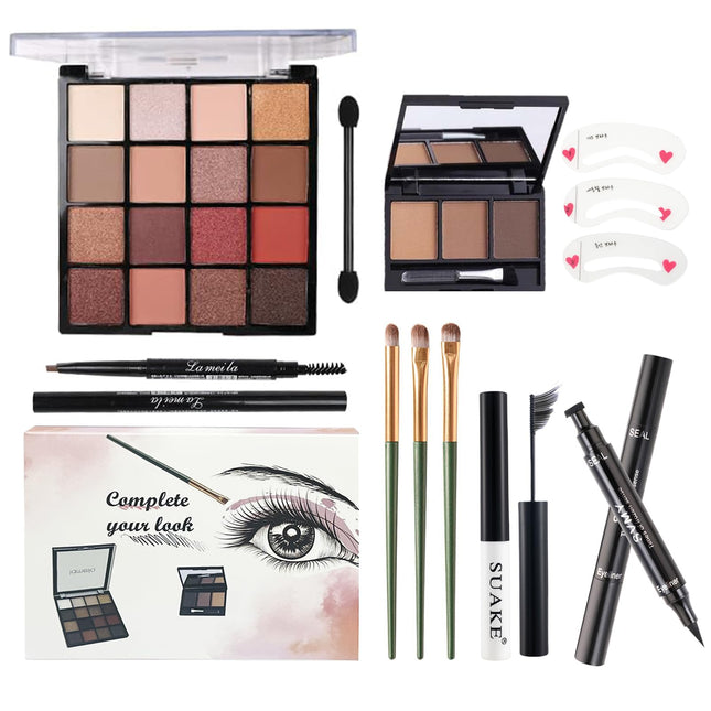 All in One Makeup Kit for Girls - 16 Colors Naked Eyeshadow Palette, 3Pcs Makeup Brushes, Waterproof Eyeliner Pencil, Ey