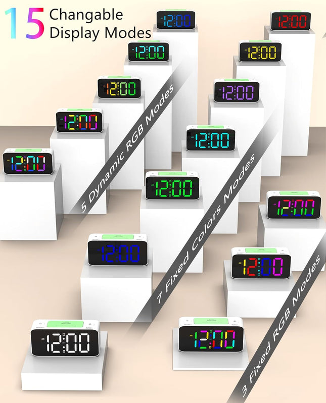 RGB Digital Mirror Alarm Clock, 15 Dynamic Color & 7" Large Screen, 7-Color Night Light, 2 USB Charger, 2 Loud Alarm,4 D