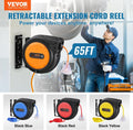 VEVOR Retractable Extension Cord Reel, 65 FT, Heavy Duty 12AWG/3C SJTOW Power Cord, with Lighted Triple Tap Outlet, 15 Amp Circuit Breaker, 180°