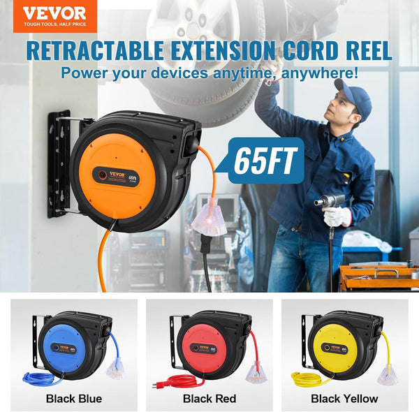 VEVOR Retractable Extension Cord Reel, 65 FT, Heavy Duty 12AWG/3C SJTOW Power Cord, with Lighted Triple Tap Outlet, 15 Amp Circuit Breaker, 180°