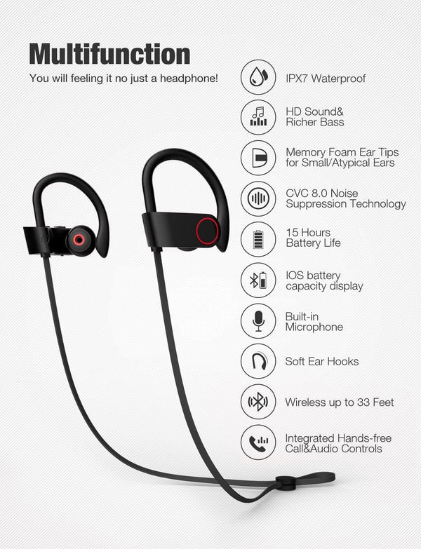 Bluetooth Headphones,Wireless Earbuds IPX7 Waterproof Sports Earphones with Mic HD Stereo Sweatproof In-Ear Earbuds Gym Running Workout 8 Hour