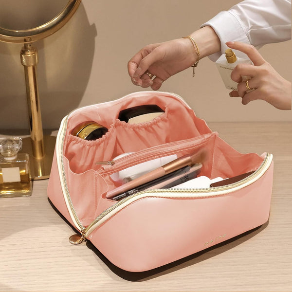 Prite Makeup Bag for Women Travel Waterproof Vegan Leather Cosmetic Bag Open Flat Toiletry Bag with Clear Divider and Handle (Large Pink)
