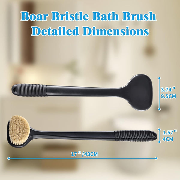 VANZAVANZU Dry Brushing Body Brush, 17-Inch Anti-Slip Handle Back Scrubber for Shower, Wet & Dry Brush with Natural Boar Bristles for Lymphatic