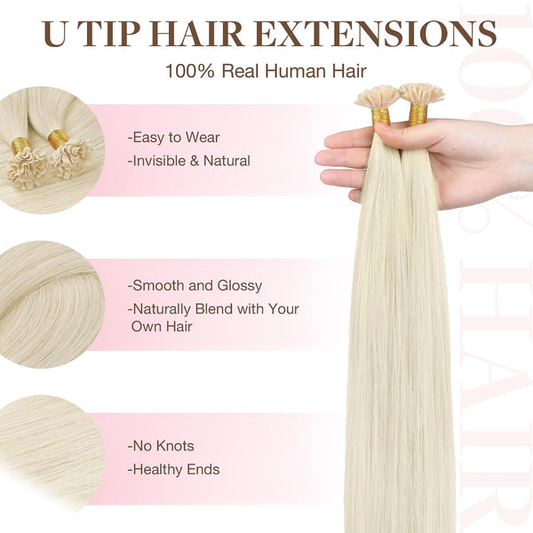 GOO GOO U Tip Hair Extensions - Real Human Hair, 14inch 50g 50S, Hot Fusion, Invisible Remy, 60A Platinum Blonde 14 Inch-50g-50S U-#60A Platinum