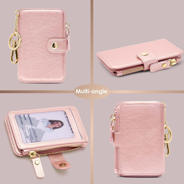 Keychain wallet, Rfid Blocking Credit Card Holder Leather, Zipper Card Case for Women Pink
